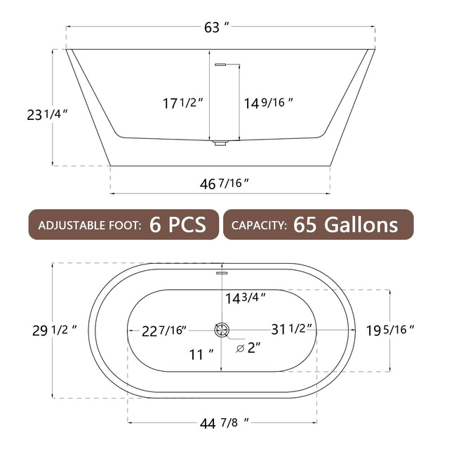 63" Acrylic Free Standing Tub - Classic Oval Shape Soaking Tub, Adjustable Freestanding Bathtub with Integrated Slotted Overflow and Chrome Pop-up Drain Anti-clogging Gloss White