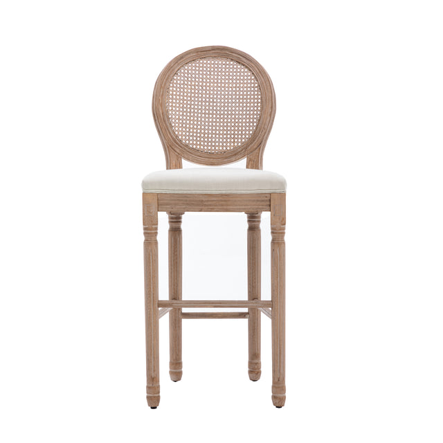 Hengming French Country Wooden Barstools Rattan Back With Upholstered Seating , Beige and Natural ,Set of 2