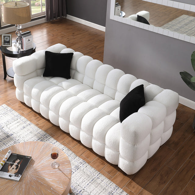 84.3/62.2 length ,35.83" deepth ,human body structure for USA people, marshmallow sofa,boucle sofa ,White color,3 seater. sofa and loveseater