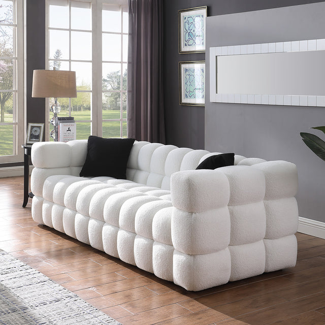 84.3 length ,35.83" deepth ,human body structure for USA people, marshmallow sofa,boucle sofa ,White color,3 seater