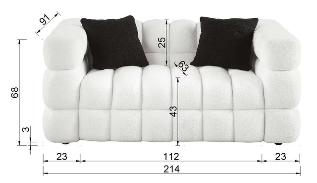 84.3/62.2 length ,35.83" deepth ,human body structure for USA people, marshmallow sofa,boucle sofa ,White color,3 seater. sofa and loveseater