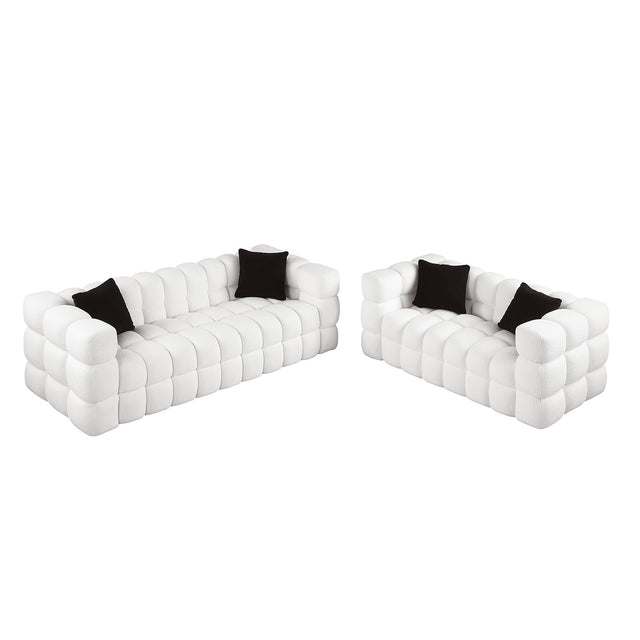 84.3/62.2 length ,35.83" deepth ,human body structure for USA people, marshmallow sofa,boucle sofa ,White color,3 seater. sofa and loveseater