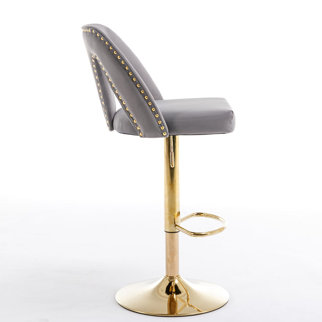 Golden Swivel Velvet Barstools Adjusatble Seat Height from 25-33 Inch, Modern Upholstered Bar Stool & Counter Stools with Nailheads for Home Pub and Kitchen Island,Set of 2, Gray