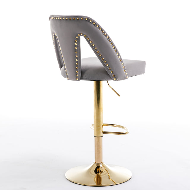 Golden Swivel Velvet Barstools Adjusatble Seat Height from 25-33 Inch, Modern Upholstered Bar Stool & Counter Stools with Nailheads for Home Pub and Kitchen Island,Set of 2, Gray