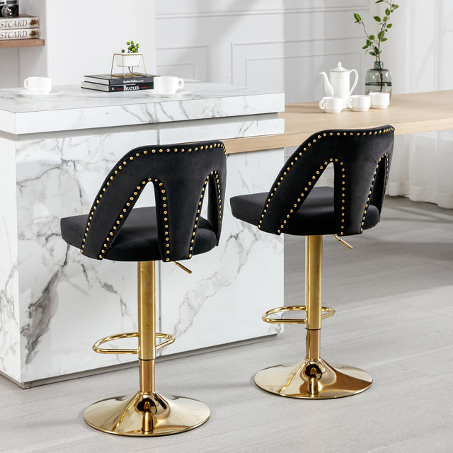Golden Swivel Velvet Barstools Adjusatble Seat Height from 25-33 Inch, Modern Upholstered Bar Stool & Counter Stools with Nailheads for Home Pub and Kitchen Island,Set of 2, Black