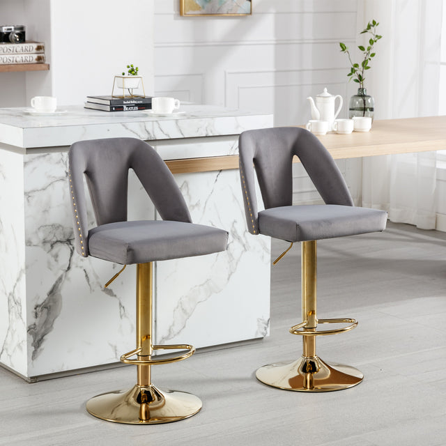 Golden Swivel Velvet Barstools Adjusatble Seat Height from 25-33 Inch, Modern Upholstered Bar Stool & Counter Stools with Nailheads for Home Pub and Kitchen Island,Set of 2, Gray