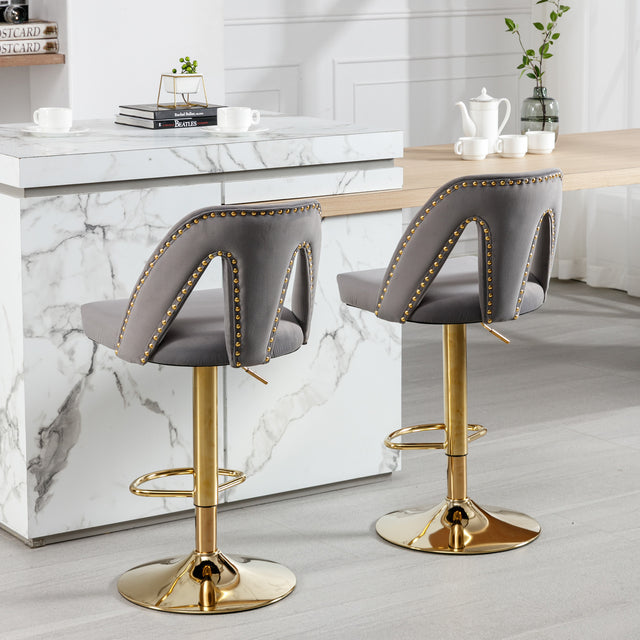 Golden Swivel Velvet Barstools Adjusatble Seat Height from 25-33 Inch, Modern Upholstered Bar Stool & Counter Stools with Nailheads for Home Pub and Kitchen Island,Set of 2, Gray