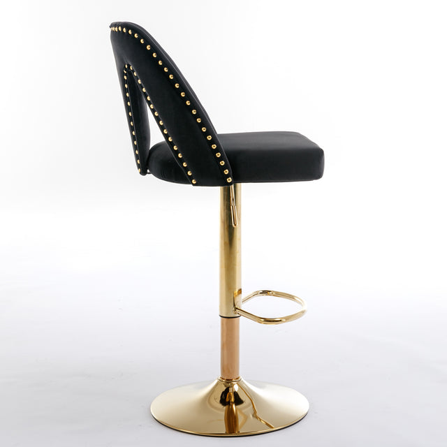 Golden Swivel Velvet Barstools Adjusatble Seat Height from 25-33 Inch, Modern Upholstered Bar Stool & Counter Stools with Nailheads for Home Pub and Kitchen Island,Set of 2, Black