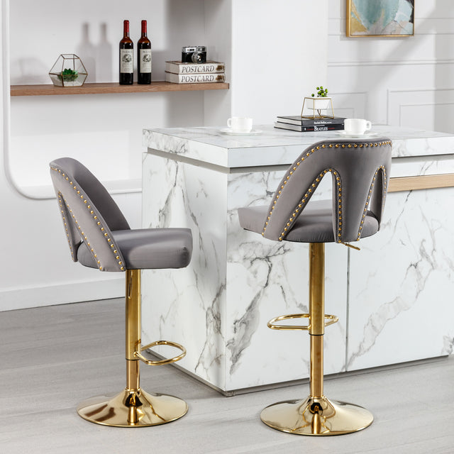 Golden Swivel Velvet Barstools Adjusatble Seat Height from 25-33 Inch, Modern Upholstered Bar Stool & Counter Stools with Nailheads for Home Pub and Kitchen Island,Set of 2, Gray