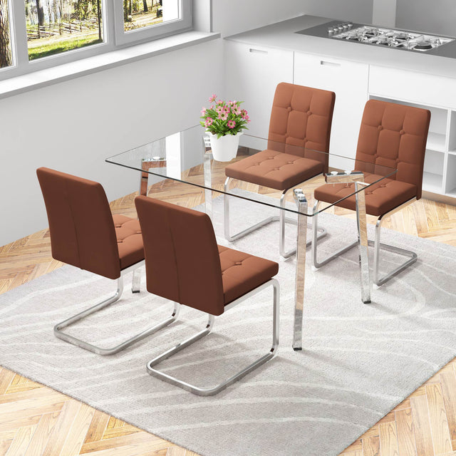 Glass Dining Table, Dining Chair set, 4 Brown Embedded Button Dining Chairs and 1 Dining Table .Table Size 51" W x 31"D x 30" H