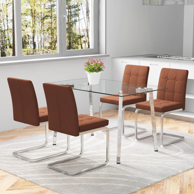 Glass Dining Table, Dining Chair set, 4 Brown Embedded Button Dining Chairs and 1 Dining Table .Table Size 51" W x 31"D x 30" H