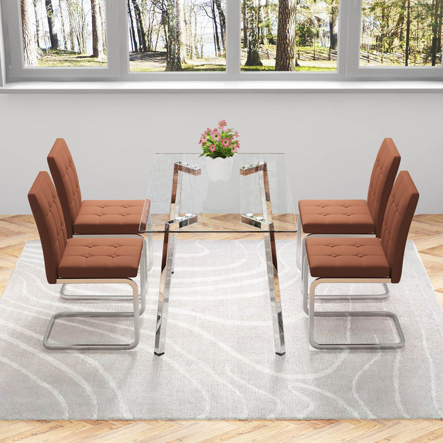 Glass Dining Table, Dining Chair set, 4 Brown Embedded Button Dining Chairs and 1 Dining Table .Table Size 51" W x 31"D x 30" H