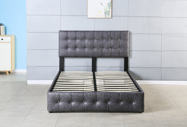 Queen Size Grey Tech cloth Button Embedded Adjustable Headboard Height Upholstered Platform Bed Frame  with 4 Storage Drawers