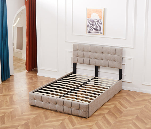 Queen size Upholstered Storage Bed Frame with Adjustable Headboard, Square Stitched Button Tech cloth, Platform Beds Frame with Wood Slat Support, No Box Spring Needed,  Beige 4 Drawers and