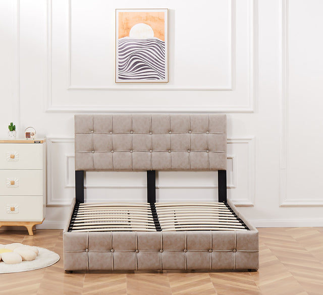 Queen size Upholstered Storage Bed Frame with Adjustable Headboard, Square Stitched Button Tech cloth, Platform Beds Frame with Wood Slat Support, No Box Spring Needed,  Beige 4 Drawers and