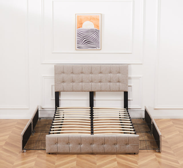 Queen size Upholstered Storage Bed Frame with Adjustable Headboard, Square Stitched Button Tech cloth, Platform Beds Frame with Wood Slat Support, No Box Spring Needed,  Beige 4 Drawers and
