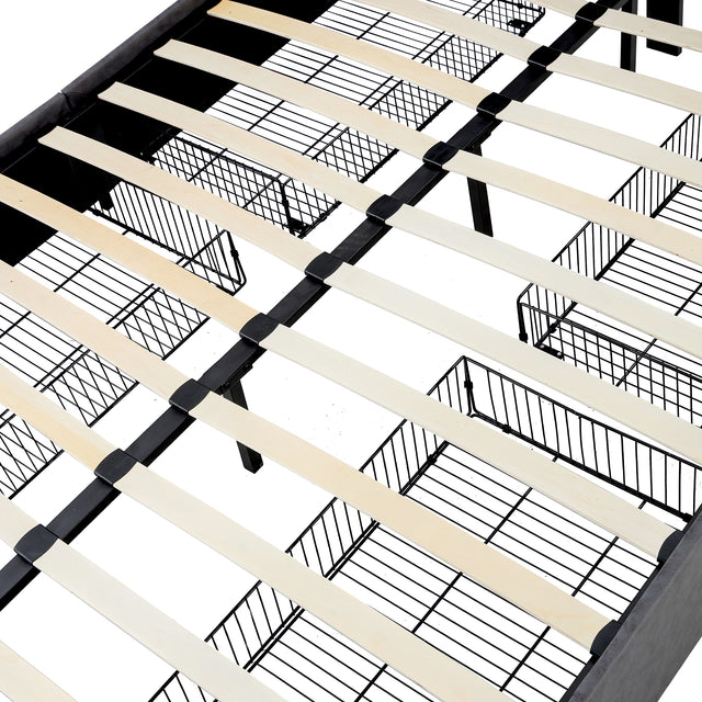 Queen Size Grey Tech cloth Button Embedded Adjustable Headboard Height Upholstered Platform Bed Frame  with 4 Storage Drawers