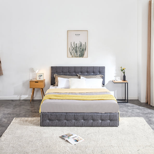Queen Size Grey Tech cloth Button Embedded Adjustable Headboard Height Upholstered Platform Bed Frame  with 4 Storage Drawers