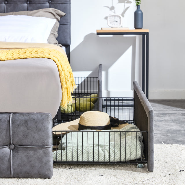 Queen Size Grey Tech cloth Button Embedded Adjustable Headboard Height Upholstered Platform Bed Frame  with 4 Storage Drawers