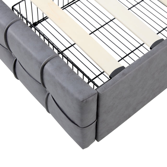 Queen Size Grey Tech cloth Button Embedded Adjustable Headboard Height Upholstered Platform Bed Frame  with 4 Storage Drawers