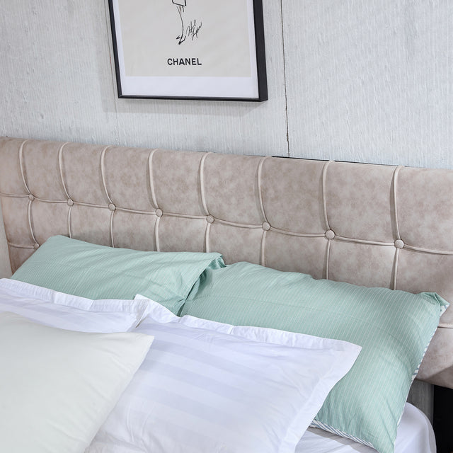 Queen Size Adjustable Headboard Height Beige Upholstered Bed