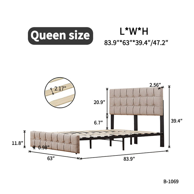 Queen Size Adjustable Headboard Height Beige Upholstered Bed