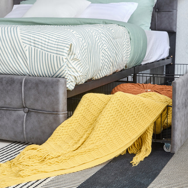 Queen Size Grey Tech cloth Button Embedded Adjustable Headboard Height Upholstered Platform Bed Frame  with 4 Storage Drawers