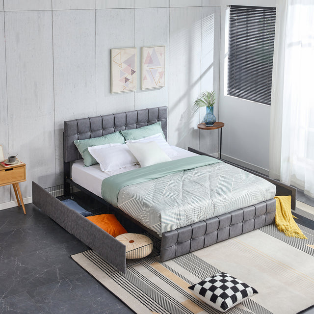 Full Size Platform Bed Frame with 4 Storage Drawers, Grey