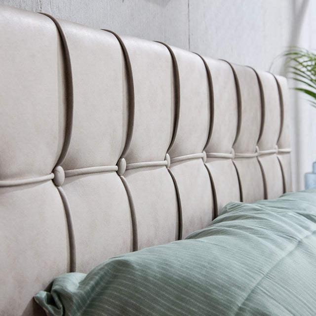 Queen Size Adjustable Headboard Height Beige Upholstered Bed