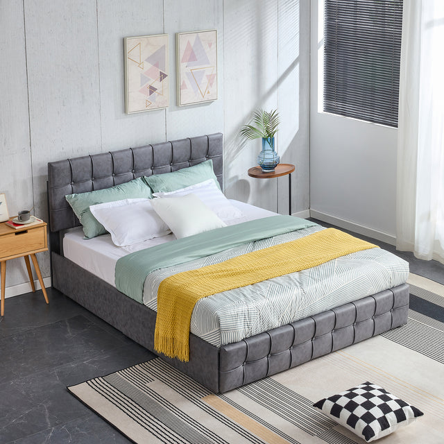 Queen Size Grey Tech cloth Button Embedded Adjustable Headboard Height Upholstered Platform Bed Frame  with 4 Storage Drawers