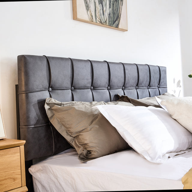 Queen Size Grey Tech cloth Button Embedded Adjustable Headboard Height Upholstered Platform Bed Frame  with 4 Storage Drawers