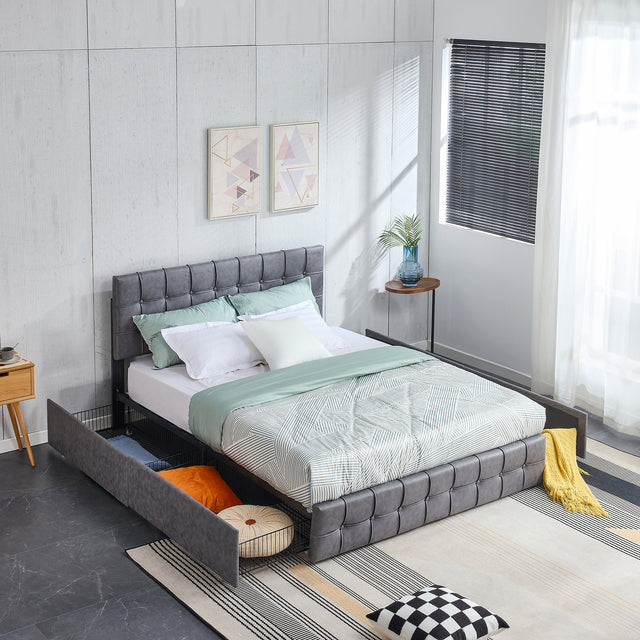 Queen Size Grey Tech cloth Button Embedded Adjustable Headboard Height Upholstered Platform Bed Frame  with 4 Storage Drawers