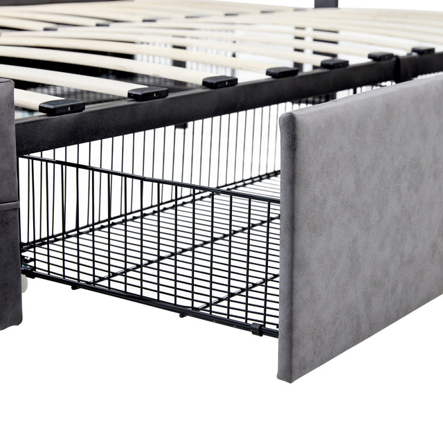 Queen Size Grey Tech cloth Button Embedded Adjustable Headboard Height Upholstered Platform Bed Frame  with 4 Storage Drawers