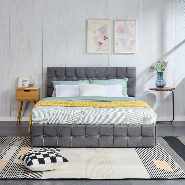 Queen Size Grey Tech cloth Button Embedded Adjustable Headboard Height Upholstered Platform Bed Frame  with 4 Storage Drawers