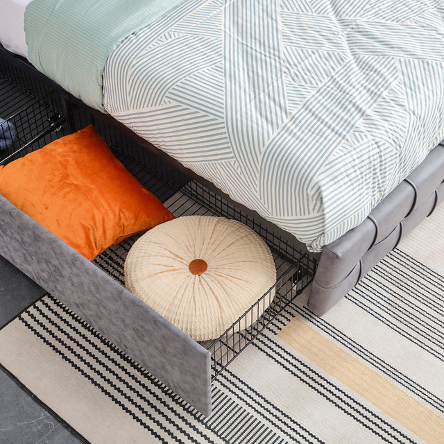 Queen Size Grey Tech cloth Button Embedded Adjustable Headboard Height Upholstered Platform Bed Frame  with 4 Storage Drawers