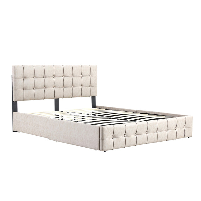 Queen size Upholstered Storage Bed Frame with Adjustable Headboard, Square Stitched Button Tech cloth, Platform Beds Frame with Wood Slat Support, No Box Spring Needed,  Beige 4 Drawers and