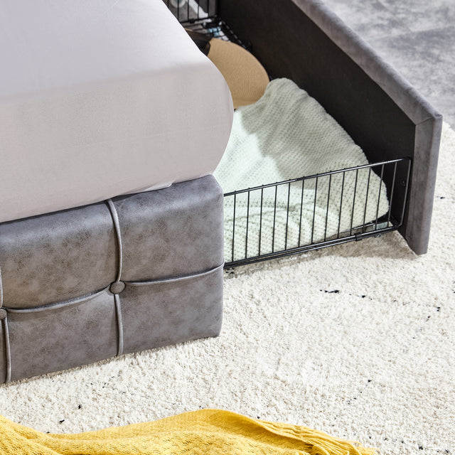 Queen Size Grey Tech cloth Button Embedded Adjustable Headboard Height Upholstered Platform Bed Frame  with 4 Storage Drawers