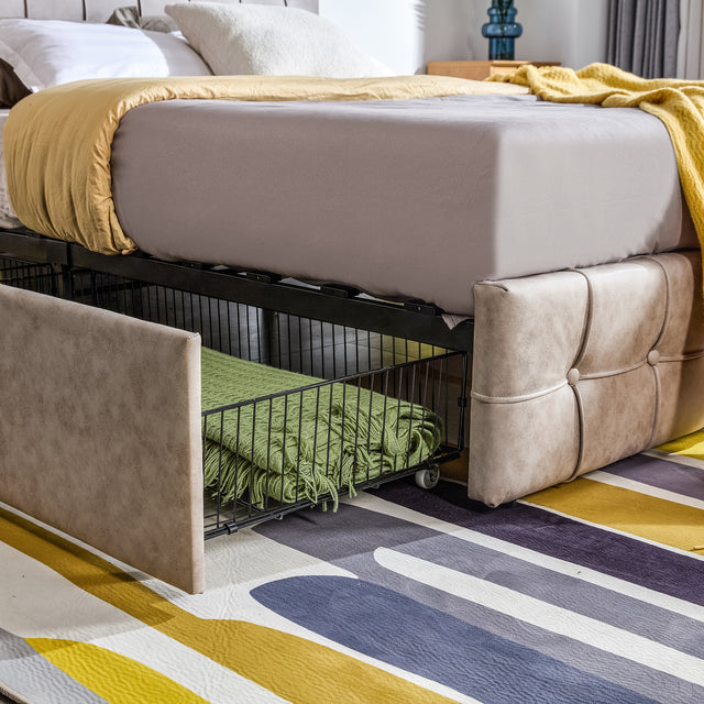 Queen size Upholstered Storage Bed Frame with Adjustable Headboard, Square Stitched Button Tech cloth, Platform Beds Frame with Wood Slat Support, No Box Spring Needed,  Beige 4 Drawers and