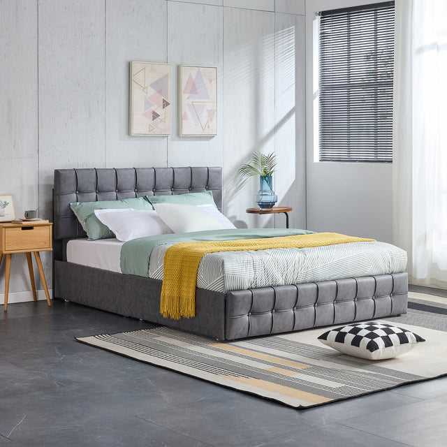 Queen Size Grey Tech cloth Button Embedded Adjustable Headboard Height Upholstered Platform Bed Frame  with 4 Storage Drawers