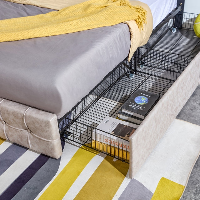 Queen size Upholstered Storage Bed Frame with Adjustable Headboard, Square Stitched Button Tech cloth, Platform Beds Frame with Wood Slat Support, No Box Spring Needed,  Beige 4 Drawers and