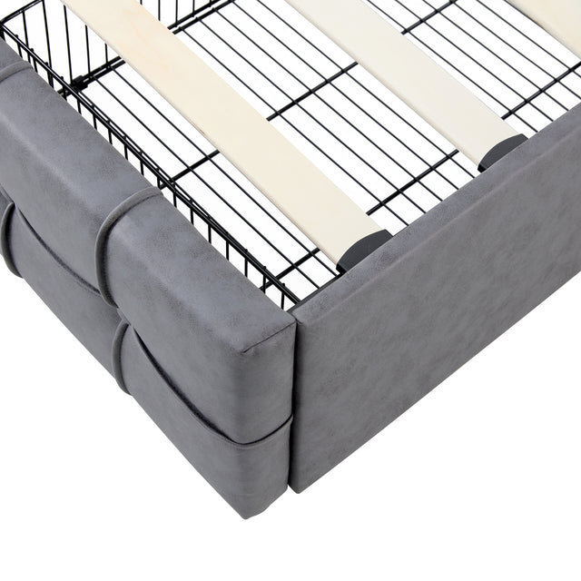 Queen Size Grey Tech cloth Button Embedded Adjustable Headboard Height Upholstered Platform Bed Frame  with 4 Storage Drawers