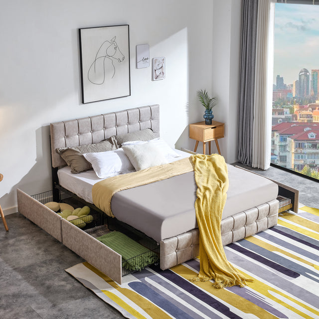 Queen size Upholstered Storage Bed Frame with Adjustable Headboard, Square Stitched Button Tech cloth, Platform Beds Frame with Wood Slat Support, No Box Spring Needed,  Beige 4 Drawers and