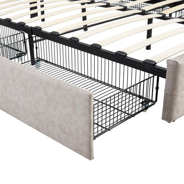 Queen size Upholstered Storage Bed Frame with Adjustable Headboard, Square Stitched Button Tech cloth, Platform Beds Frame with Wood Slat Support, No Box Spring Needed,  Beige 4 Drawers and