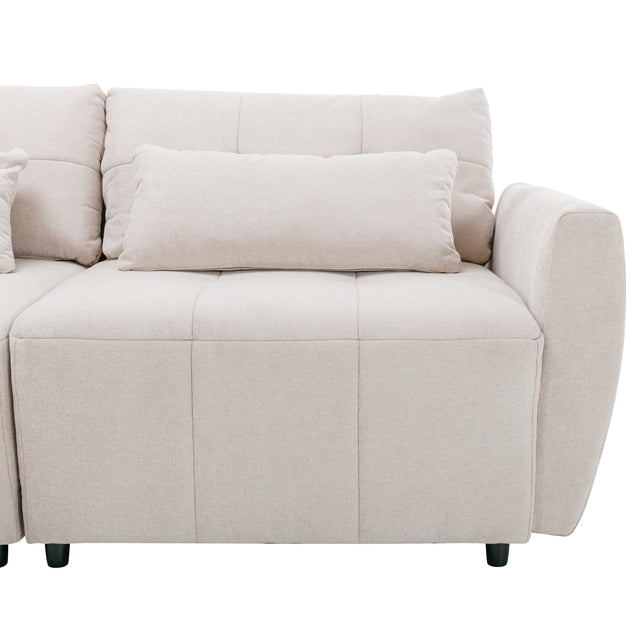 113.3" Convertible Sectional Sofa Couch 3-Seat L-Shaped Sofa with Movable Ottoman and USB for Apartment, Living Room, Bedroom, Beige