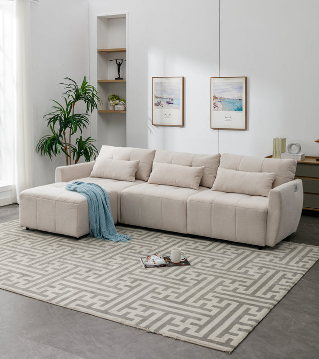113.3" Convertible Sectional Sofa Couch 3-Seat L-Shaped Sofa with Movable Ottoman and USB for Apartment, Living Room, Bedroom, Beige