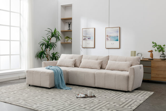 113.3" Convertible Sectional Sofa Couch 3-Seat L-Shaped Sofa with Movable Ottoman and USB for Apartment, Living Room, Bedroom, Beige