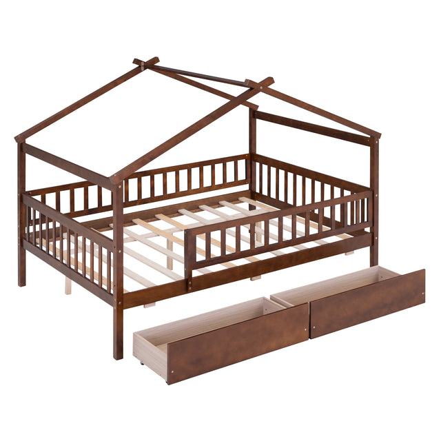Full Size Wooden House Bed with Two Drawers, Walnut