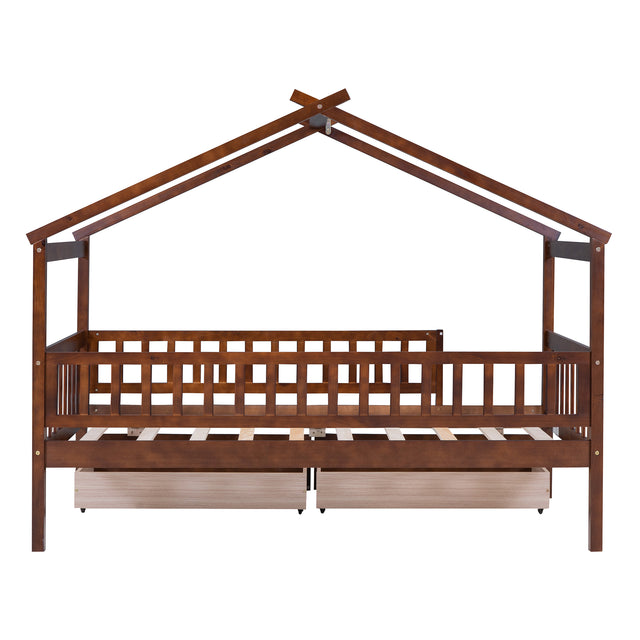 Twin Size Wooden House Bed with Two Drawers, Walnut