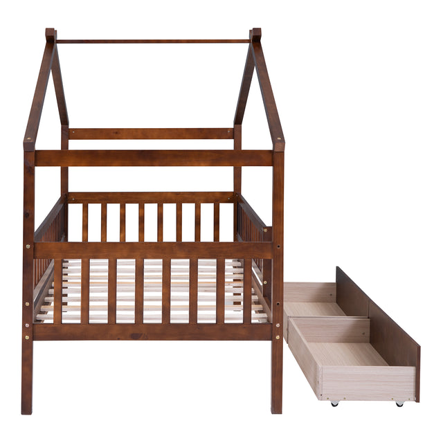 Twin Size Wooden House Bed with Two Drawers, Walnut