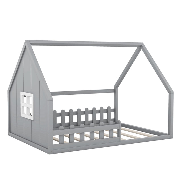 Full Size Wood House Bed with Window and Fence, Gray